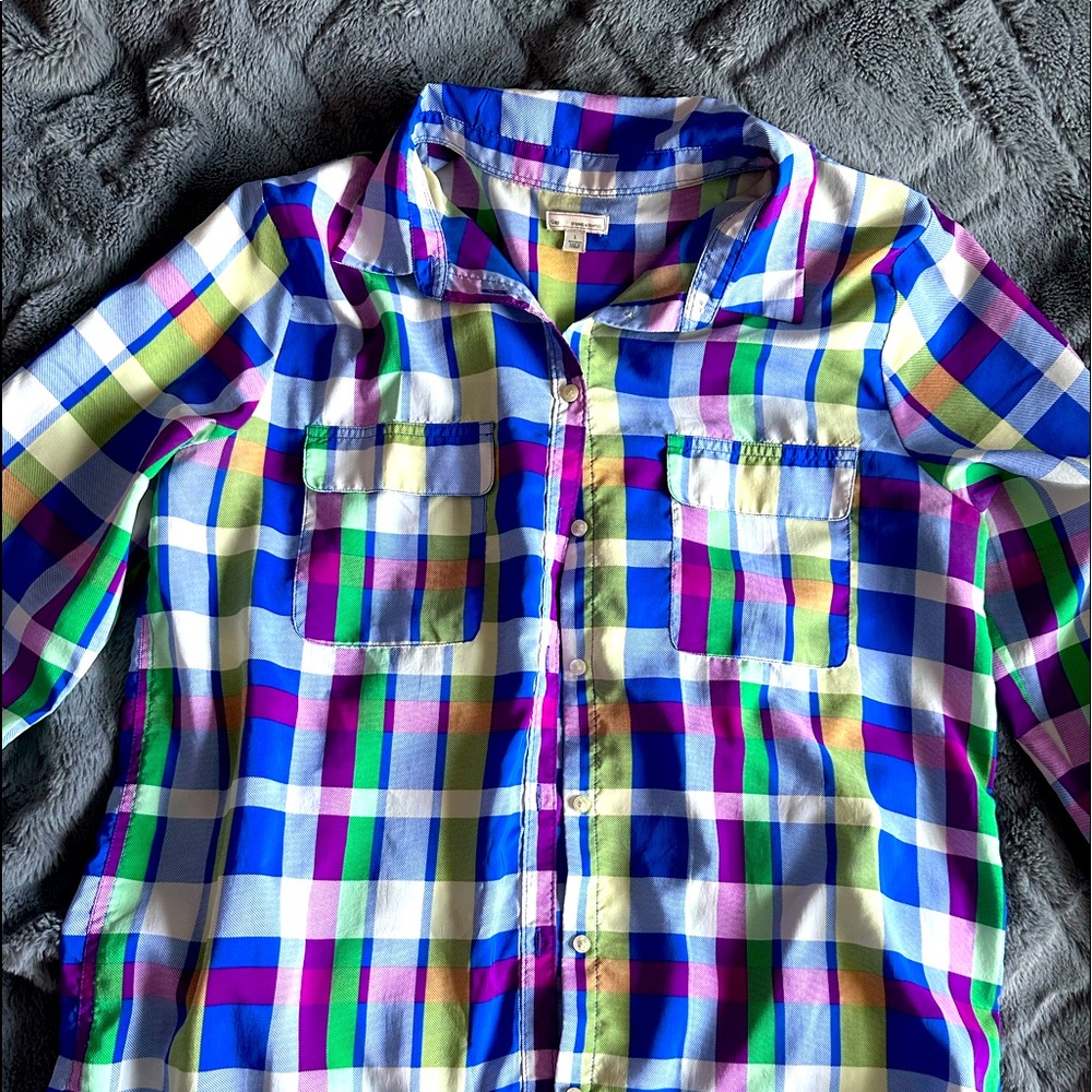 Plaid button down shirt- vibrant colors purples blues LIGHTWEIGHT GAP M